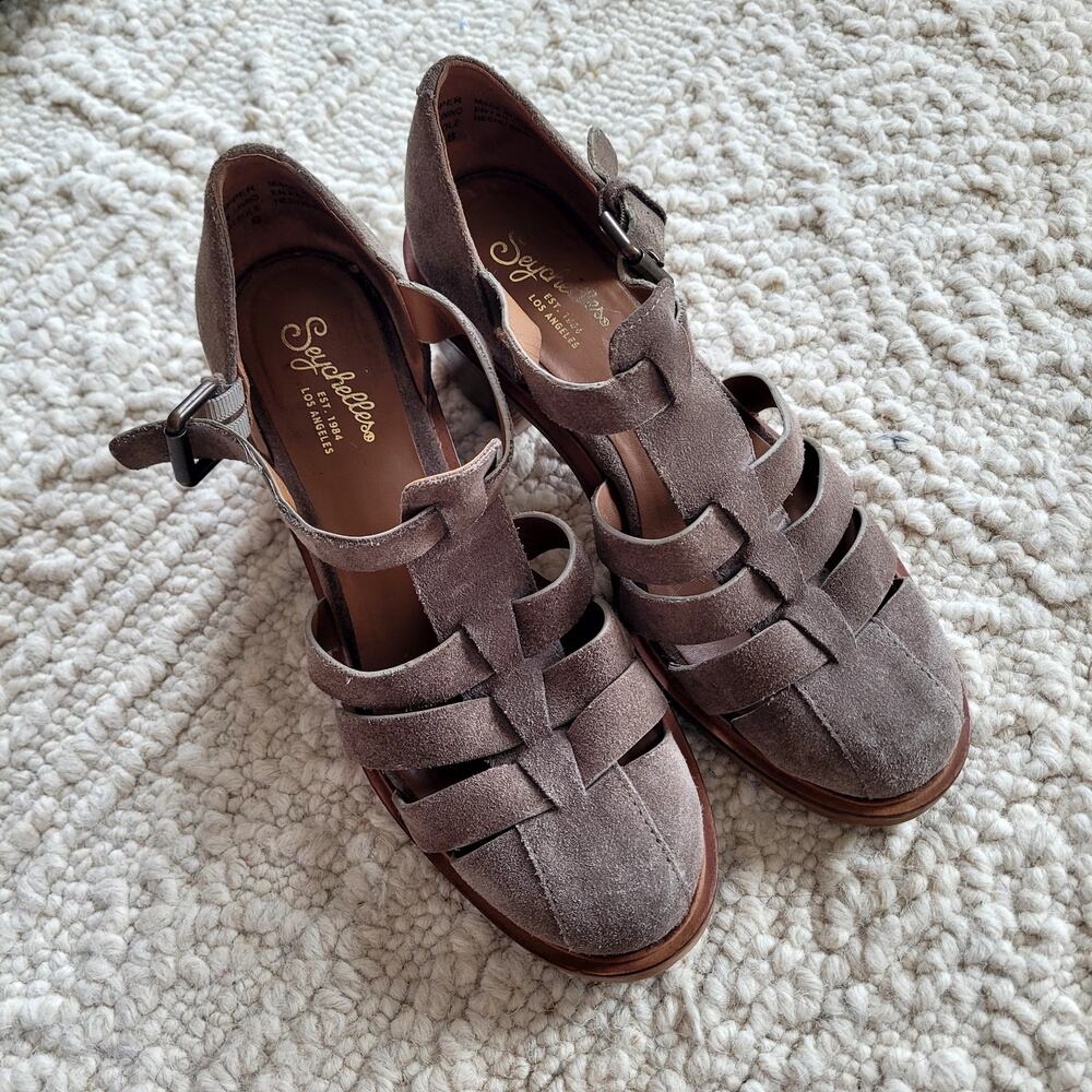 Seychelles Social Butterfly Heeled Gray Suede leather Sandals Sz 8 - Picture 2 of 7